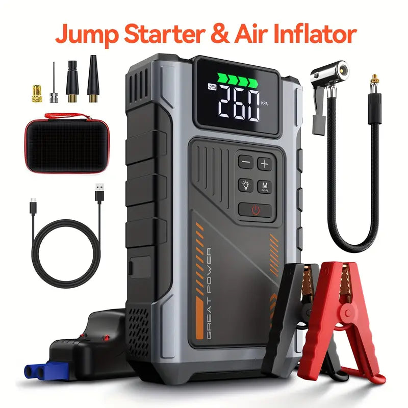 Portable Car Air Compressor & Jump Starter with LED Emergency Light, 3000A Peak Power, 12V for Gas/Diesel Engines, USB Input/Output, Digital Tire Inflator, Red, Insulated Material, Fast Charging, Car Accessories Tools