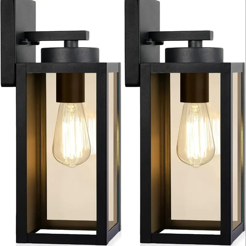 Outdoor Wall Light Fixtures, Exterior Waterproof Lanterns, Porch Sconces Wall Mounted Lighting with E26 Sockets & Glass Shades, Modern Matte Black Wall Lamps for Patio Front Door Entryway, 2-Pack