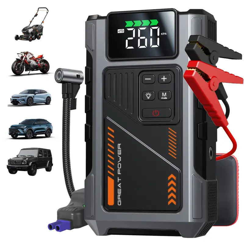 Portable Car Air Compressor & Jump Starter with LED Emergency Light, 3000A Peak Power, 12V for Gas/Diesel Engines, USB Input/Output, Digital Tire Inflator, Red, Insulated Material, Fast Charging, Car Accessories Tools