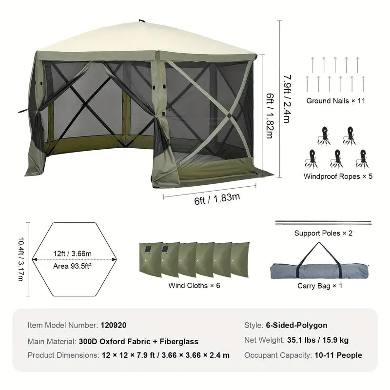 Waterproof Pop-Up Gazebo Waterproof 6-Sided Canopy with Removable Privacy Cloths &amp; Mesh Windows, Mosquito Netting, Army Green - Ideal for Outdoor Events &amp; Parties, Tents for Outside Party, Garden Houses