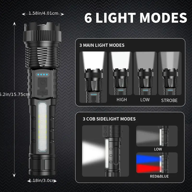 Buy 1 Get 1 Free, Total Of 2pcs High Lumens Rechargeable Led Battery Powered With 6 Modes Multifunctional Flashlights, Cob Side Light, USB C, Zoomable, Powerful Handheld Flash Lights Perfect For Emergency Power Outage