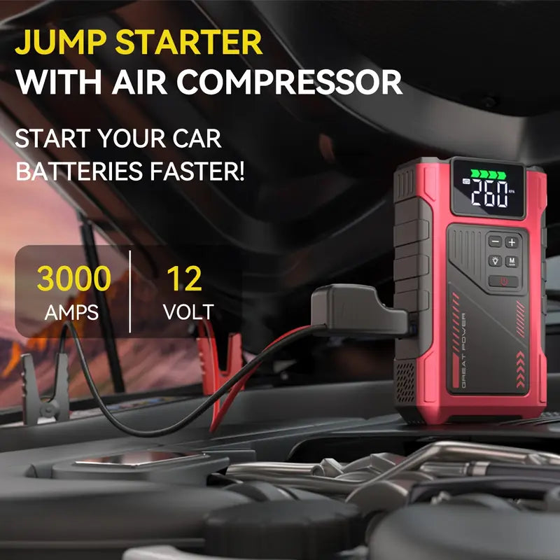 Portable Car Air Compressor & Jump Starter with LED Emergency Light, 3000A Peak Power, 12V for Gas/Diesel Engines, USB Input/Output, Digital Tire Inflator, Red, Insulated Material, Fast Charging, Car Accessories Tools