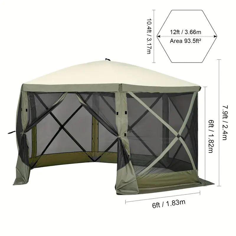 Waterproof Pop-Up Gazebo Waterproof 6-Sided Canopy with Removable Privacy Cloths &amp; Mesh Windows, Mosquito Netting, Army Green - Ideal for Outdoor Events &amp; Parties, Tents for Outside Party, Garden Houses