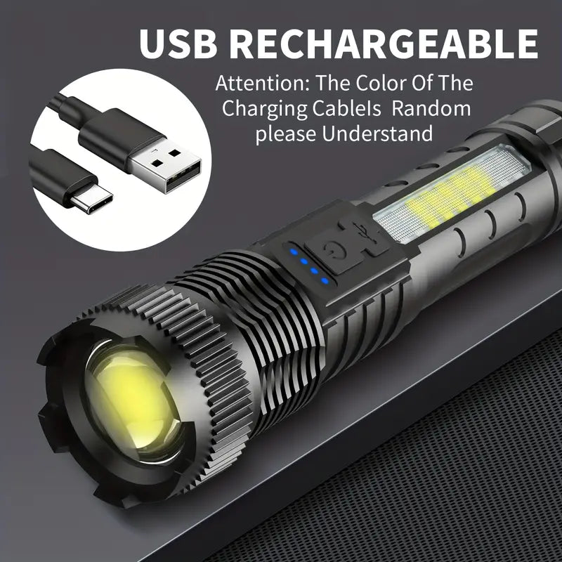 Buy 1 Get 1 Free, Total Of 2pcs High Lumens Rechargeable Led Battery Powered With 6 Modes Multifunctional Flashlights, Cob Side Light, USB C, Zoomable, Powerful Handheld Flash Lights Perfect For Emergency Power Outage