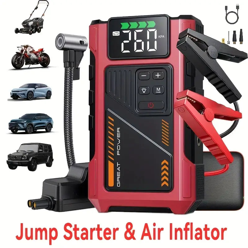 Portable Car Air Compressor & Jump Starter with LED Emergency Light, 3000A Peak Power, 12V for Gas/Diesel Engines, USB Input/Output, Digital Tire Inflator, Red, Insulated Material, Fast Charging, Car Accessories Tools