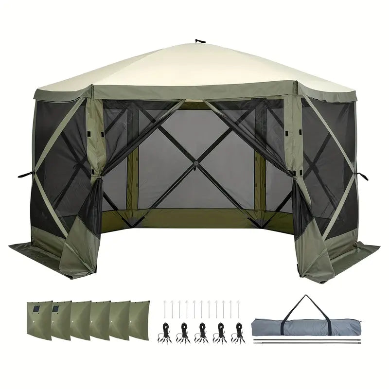 Waterproof Pop-Up Gazebo Waterproof 6-Sided Canopy with Removable Privacy Cloths &amp; Mesh Windows, Mosquito Netting, Army Green - Ideal for Outdoor Events &amp; Parties, Tents for Outside Party, Garden Houses