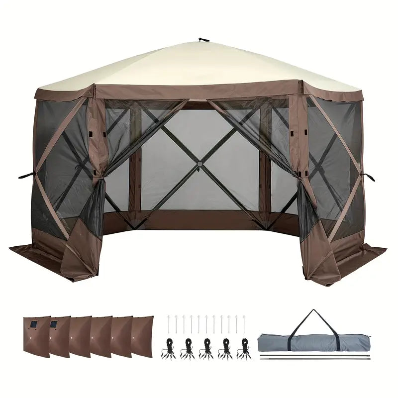 Waterproof Pop-Up Gazebo Waterproof 6-Sided Canopy with Removable Privacy Cloths &amp; Mesh Windows, Mosquito Netting, Army Green - Ideal for Outdoor Events &amp; Parties, Tents for Outside Party, Garden Houses