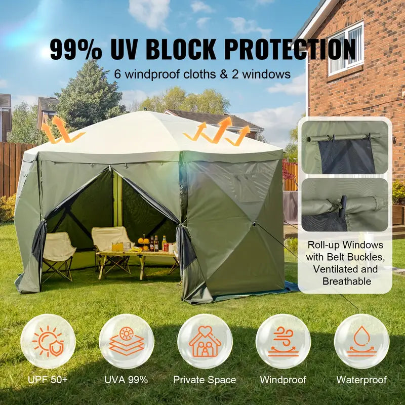 Waterproof Pop-Up Gazebo Waterproof 6-Sided Canopy with Removable Privacy Cloths &amp; Mesh Windows, Mosquito Netting, Army Green - Ideal for Outdoor Events &amp; Parties, Tents for Outside Party, Garden Houses