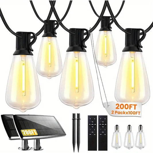 [Solar Powered] 100/200FT Solar String Lights Outdoor | Solar Powered | Res Shatterproof | for Outside Garden Backyard | Remote Control & 30+2 Dimmable ST38 Edison Bulb