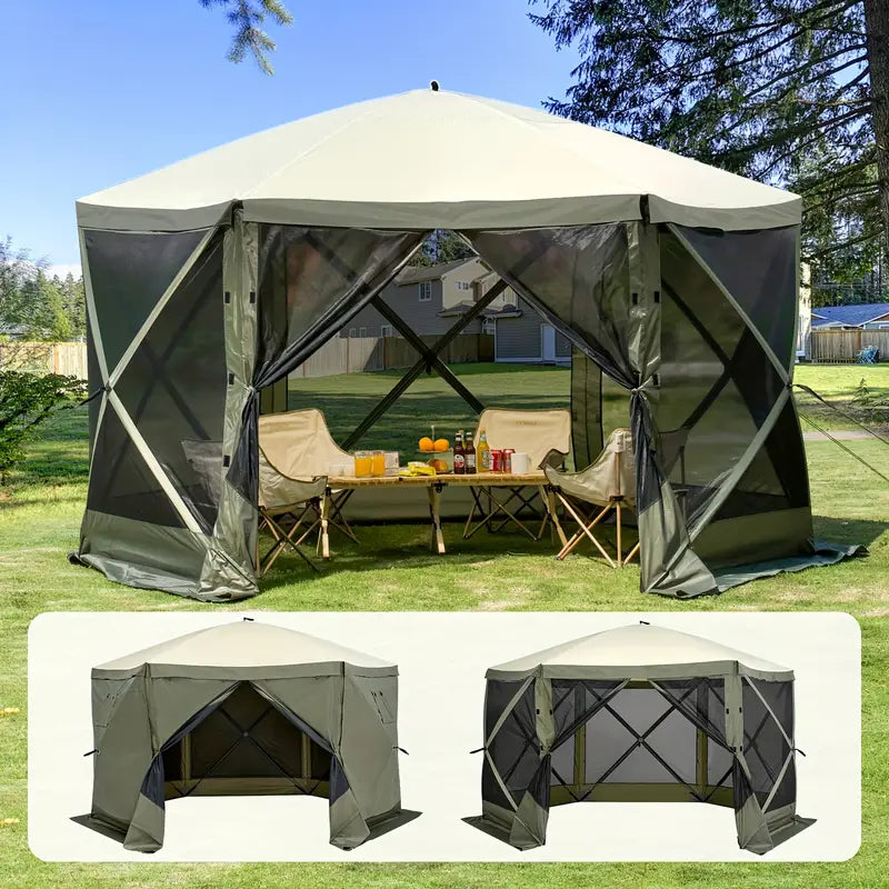 Waterproof Pop-Up Gazebo Waterproof 6-Sided Canopy with Removable Privacy Cloths &amp; Mesh Windows, Mosquito Netting, Army Green - Ideal for Outdoor Events &amp; Parties, Tents for Outside Party, Garden Houses