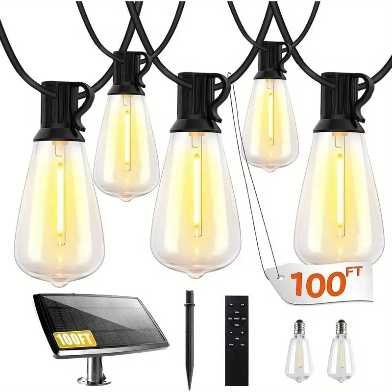 [Solar Powered] 100/200FT Solar String Lights Outdoor | Solar Powered | Res Shatterproof | for Outside Garden Backyard | Remote Control & 30+2 Dimmable ST38 Edison Bulb