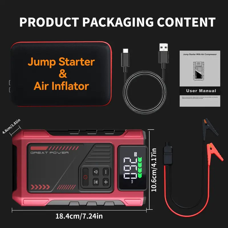 Portable Car Air Compressor & Jump Starter with LED Emergency Light, 3000A Peak Power, 12V for Gas/Diesel Engines, USB Input/Output, Digital Tire Inflator, Red, Insulated Material, Fast Charging, Car Accessories Tools