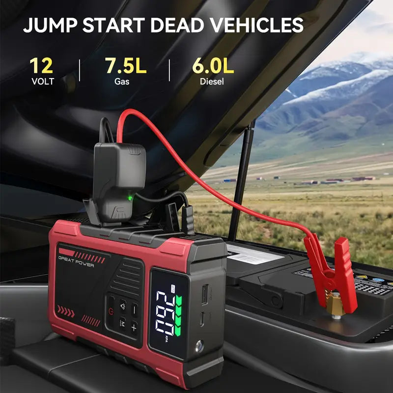 Portable Car Air Compressor & Jump Starter with LED Emergency Light, 3000A Peak Power, 12V for Gas/Diesel Engines, USB Input/Output, Digital Tire Inflator, Red, Insulated Material, Fast Charging, Car Accessories Tools