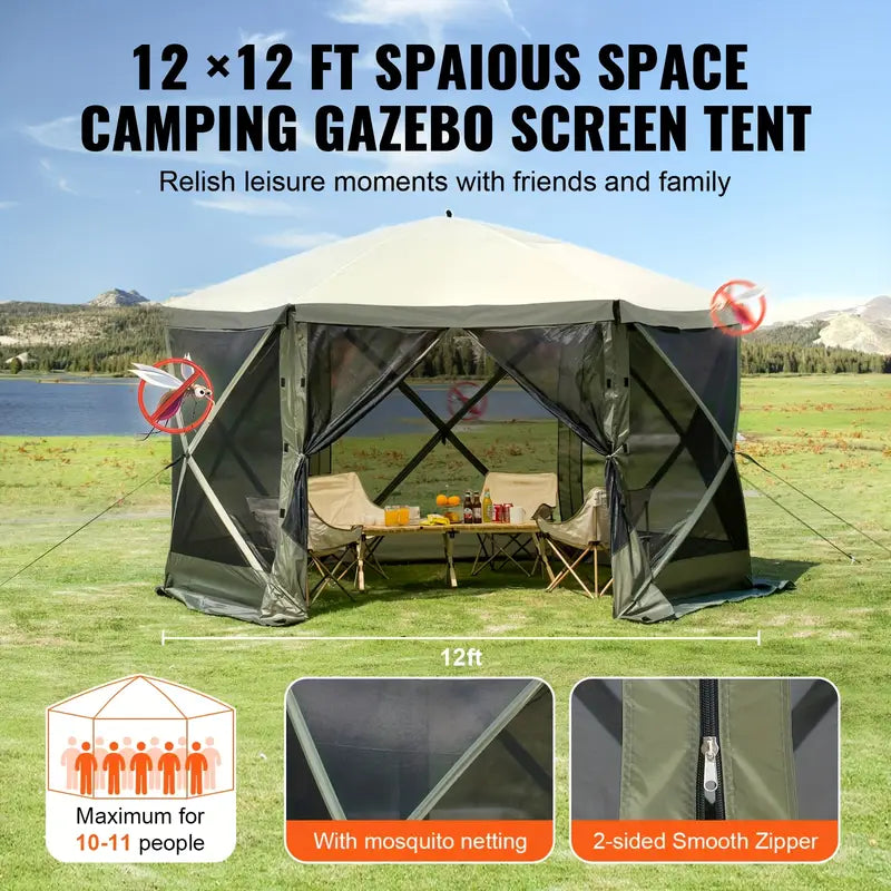 Waterproof Pop-Up Gazebo Waterproof 6-Sided Canopy with Removable Privacy Cloths &amp; Mesh Windows, Mosquito Netting, Army Green - Ideal for Outdoor Events &amp; Parties, Tents for Outside Party, Garden Houses