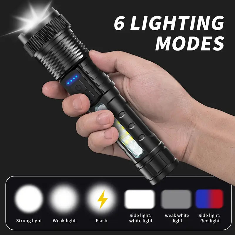 Buy 1 Get 1 Free, Total Of 2pcs High Lumens Rechargeable Led Battery Powered With 6 Modes Multifunctional Flashlights, Cob Side Light, USB C, Zoomable, Powerful Handheld Flash Lights Perfect For Emergency Power Outage