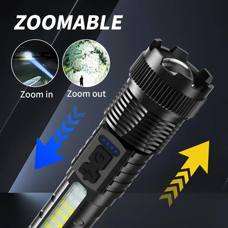 Buy 1 Get 1 Free, Total Of 2pcs High Lumens Rechargeable Led Battery Powered With 6 Modes Multifunctional Flashlights, Cob Side Light, USB C, Zoomable, Powerful Handheld Flash Lights Perfect For Emergency Power Outage