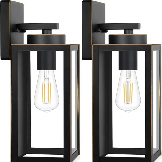 Outdoor Wall Light Fixtures, Exterior Waterproof Lanterns, Porch Sconces Wall Mounted Lighting with E26 Sockets & Glass Shades, Modern Matte Black Wall Lamps for Patio Front Door Entryway, 2-Pack