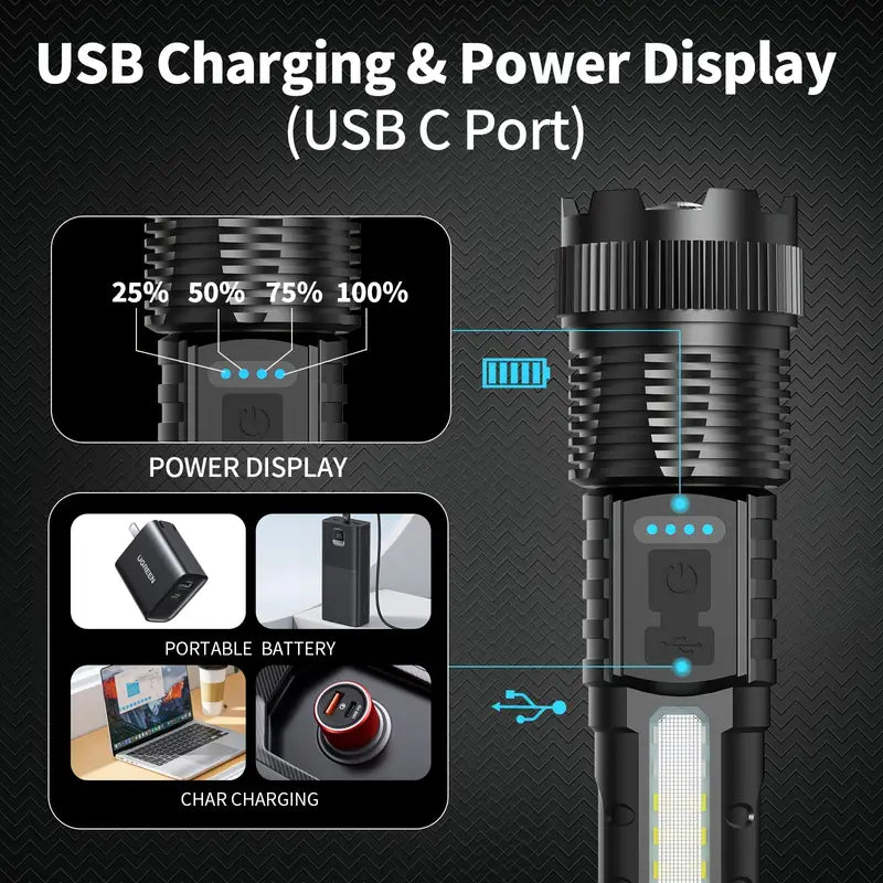 Buy 1 Get 1 Free, Total Of 2pcs High Lumens Rechargeable Led Battery Powered With 6 Modes Multifunctional Flashlights, Cob Side Light, USB C, Zoomable, Powerful Handheld Flash Lights Perfect For Emergency Power Outage