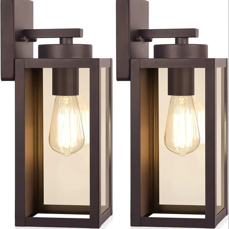 Outdoor Wall Light Fixtures, Exterior Waterproof Lanterns, Porch Sconces Wall Mounted Lighting with E26 Sockets & Glass Shades, Modern Matte Black Wall Lamps for Patio Front Door Entryway, 2-Pack